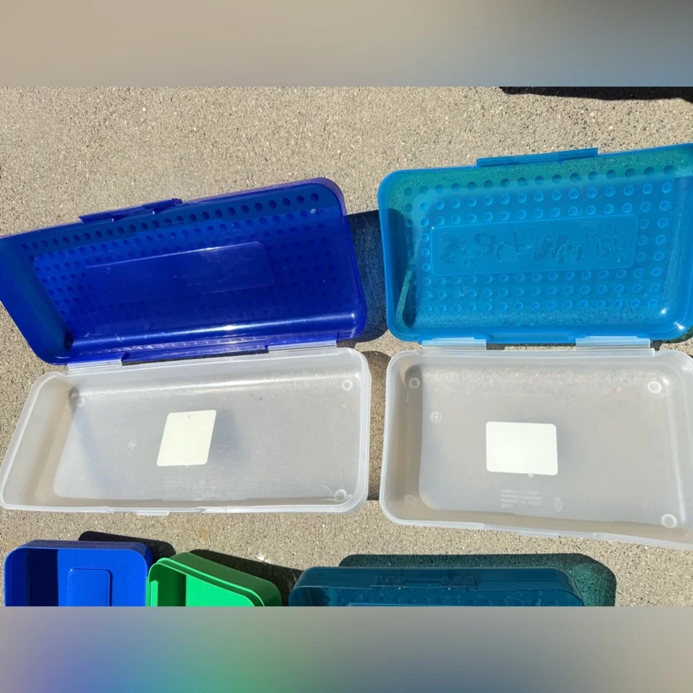 Vintage Spacemaker School Supplies Pencil Box Greens and Blues (4)